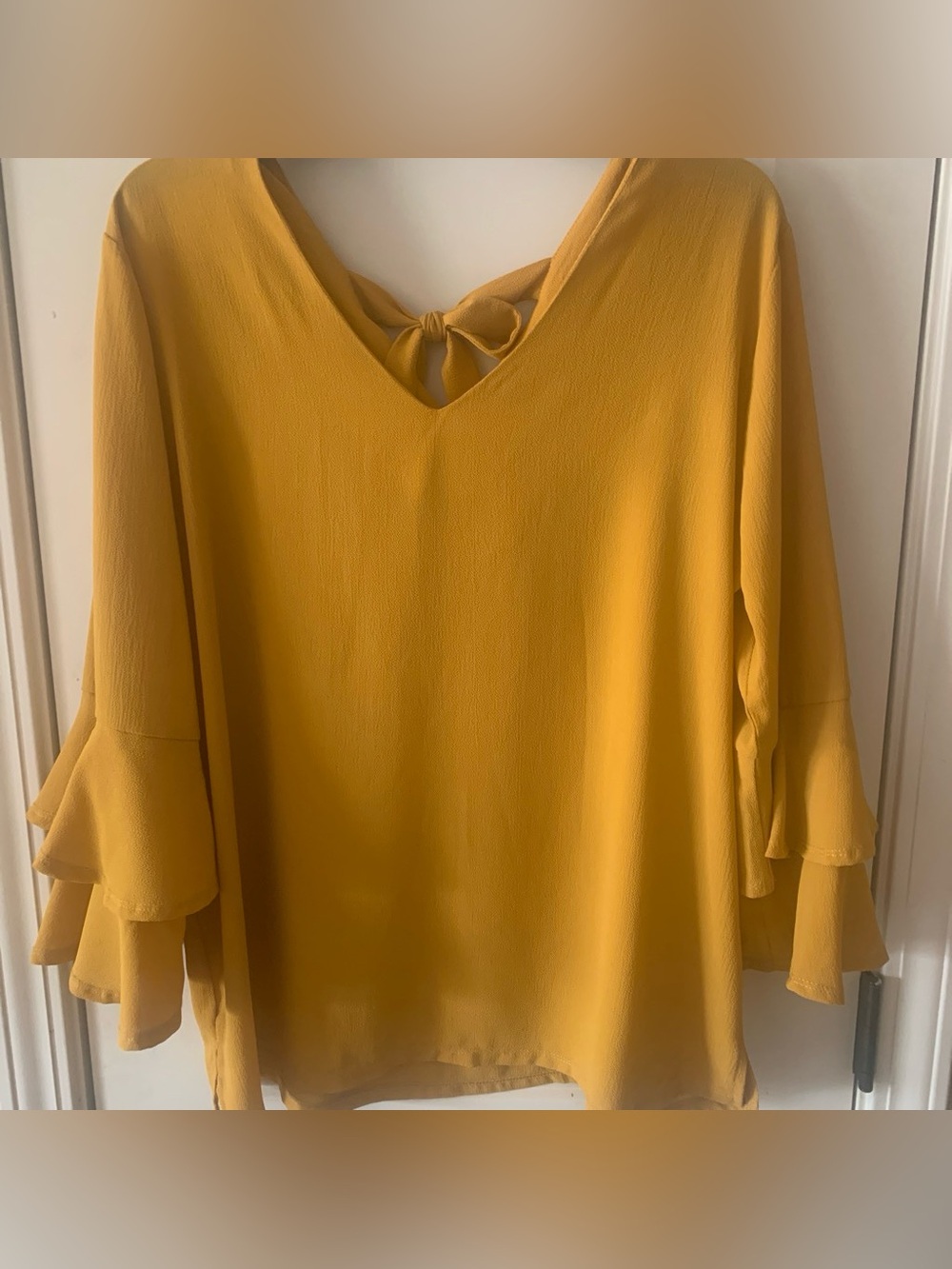 Jules & Leopold Mustard Yellow V-Neck Tie-Back Ruffle Sleeve Blouse